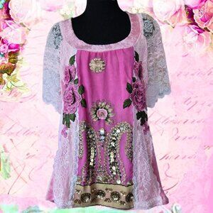 Pink Rose Stretch Velvet and Lace Embroidered Blouse Vintage Style